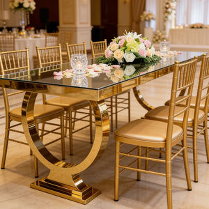 Mesa de Comedor de Vidrio de Diseño de Lujo, Mesa de <span class=keywords><strong>Metal</strong></span> de Acero Inoxidable para Hoteles, Banquetes Comerciales, Bodas y Restaurantes - Product Image 4