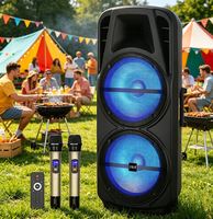 Système de sonorisation portable rechargeable RGB LED pour karaoké avec 2 microphones sans fil V5.3, puissance de sortie 100-300W, télécommande