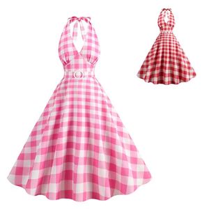 Elegante vestido de fiesta de verano con cuello Halter para mujer Sexy cuello en V estampado a cuadros estilo Vintage A-Line en rosa - Product Image 1