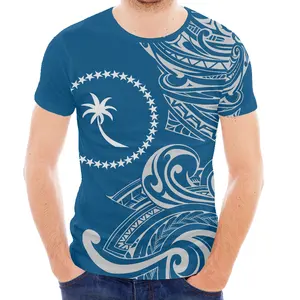 4XL Blue and White Polynesian Tribal T shirt Man Chuuk Islands Tshirt Custom Logo High Quality Short Sleeve Men Oversize-t shirt