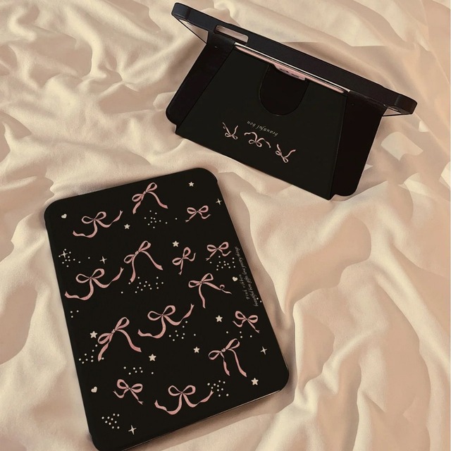 IP003 Black Background Pink Bow Suitable for iPad 7/8/9 Generation Case Mini 6 Rotating Tablet Cover Air 3/4/5 for Girls