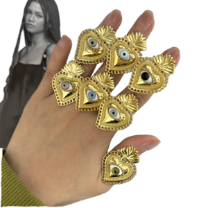 Nouvelle conception, bague en forme de cœur œil turc sacré, plaquée or coloré, ajustable, en cuivre, bijoux de fête pour femmes, pour cadeaux de mariage - Product Image 1