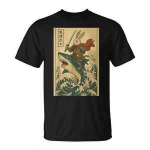 Camiseta gráfica vintage de anime japonés con diseño de conejito samurái montado en un tiburón para hombre - Product Image 2