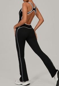 Sexy a vita alta traspirante blu senza schienale tinta unita elasticizzata a vita intera in Spandex/Nylon da donna tuta Yoga un pezzo sportivo - Product Image 3