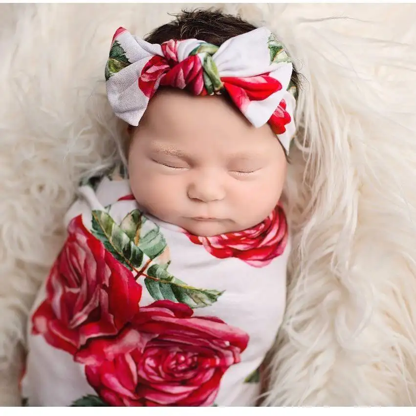 Newborn Infant Baby 2018 Swaddle Blanket Cotton Baby Sleeping Swaddle Muslin Wrap Headband Rose Floral Print Baby Accessories