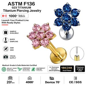 16G ASTM F136 Titan Push-Pin Gewindeloser CZ-Stein mit Krappenfassung 18K 24K Gold PVD-beschichtet für Helix Conch Tragus Piercing für Frauen - Product Image 1