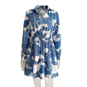 Primavera y otoño estilo Retro camisa cuello vestido de mujer cintura elástica Vestido de manga larga <span class=keywords><strong>bluey</strong></span> ropa vestidos estampados - Product Image 5