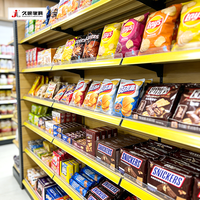 Étagères de présentation de supermarché Jiushun en bois et acier, gondoles double face pour allées centrales, présentoirs en bois pour aliments et boissons