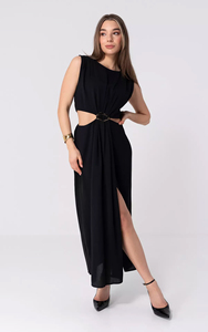 <span class=keywords><strong>Robe</strong></span> midi noire découpée sur mesure pour femme 2026 avec boucle dorée à la taille et fente latérale, robes décontractées vintage pour le bureau, fabrication OEM/ODM - Product Image 5