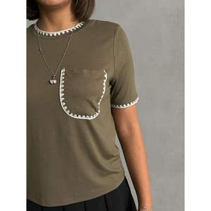 Top Informal para Mujer Topshow Khaki, Estilo Shepherd Stitch, Transpirable, Ajustado, Color Sólido, Decoración con Letras Impresas, Corto para Primavera/Verano - Product Image 2