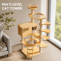 Meuble arbre à chat en bois naturel avec deux lits en acrylique transparent, condo pour chat, échelle d'escalade et colonnes à gratter en sisal, design sur mesure