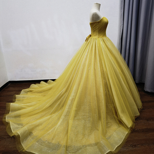Impresionante Vestido de Noche con Hombros Descubiertos, Vestido de Fiesta de Tul Amarillo con Lentejuelas Mz0062 - Product Image 5