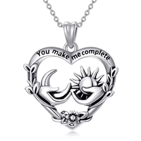 Collier pendentif lettre coeur gravé lune et soleil en argent sterling S925