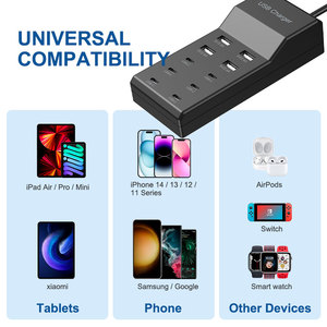 VINISEM 4A6C Regleta <span class=keywords><strong>de</strong></span> alimentación inteligente <span class=keywords><strong>de</strong></span> 10 tomas USB y Tipo-C para oficina/portátil, multi-carga para teléfono, negra con enchufes US/UK/EU - Product Image 2