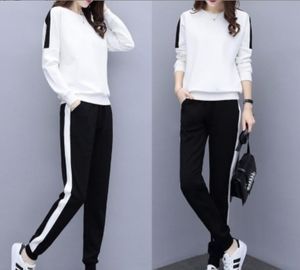 Beyaz siyah kadınlar uzun kollu 2 parça Set üstleri + pantolon spor takım elbise - Product Image 4