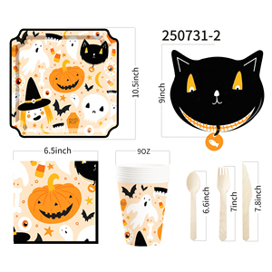 DAMAI Factory Wholesale Disposable Halloween Black Cat-head Pumpkin Paper Plate Set - Product Image 4