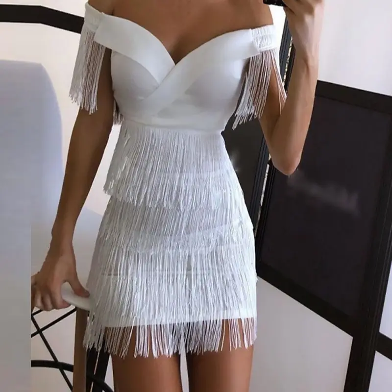 Elegant White Evening Party Dress Sleeveless Fringe Tassel Bodycon Dresses