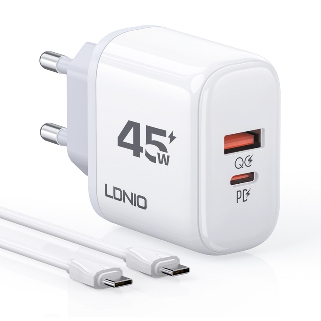 LDNIO 45W PD/QC Dual USB Charger EU/US/UK Plug R Fast Charging Wall Charger Mobile Phone Charger White PC Fireproof Material A+C