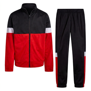 Conjunto Deportivo Unisex con Bloques de Color Rojo y Negro, Manga Larga con Cierre, Ropa Deportiva de Otoño para Adultos, Corte Regular, Material de Poliéster - Product Image 1