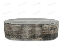 SH STONE Moderne Argent Gris Travertin Cheminée Extérieure Chauffe-Patio Propane Couvercle De Réservoir Naturel Ovale Cannelé Gaz Foyer Table