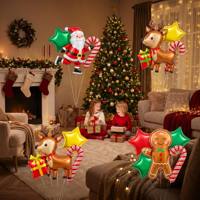 Lot de 5 ballons de Noël en aluminium, décorations de fête avec Père Noël, canne et étoile, ballons en boîte cadeau