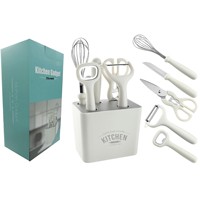 Keuken Essentials 6-delige handmatige roestvrijstalen fruit- en groenteschillerset met opberghouder, inclusief schaar en garde