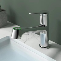 Robinet de lavabo vertical numérique à affichage numérique, finition brossée, style américain, tout en cuivre, avec douchette extractible et rotation omnidirectionnelle