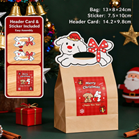 Ensemble de sacs en papier kraft à poignée motif dessin animé de Noël avec autocollant tête de chien 13*8*24cm, sac cadeau bonbons à assembler soi-même