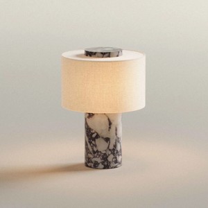 Rechargeable <strong>Touch</strong> Switch Modern Marble <strong>Table</strong> <strong>Lamp</strong> Natural Stone <strong>Bedside</strong> <strong>Lamp</strong> with Fabric Shade - Product Image 2