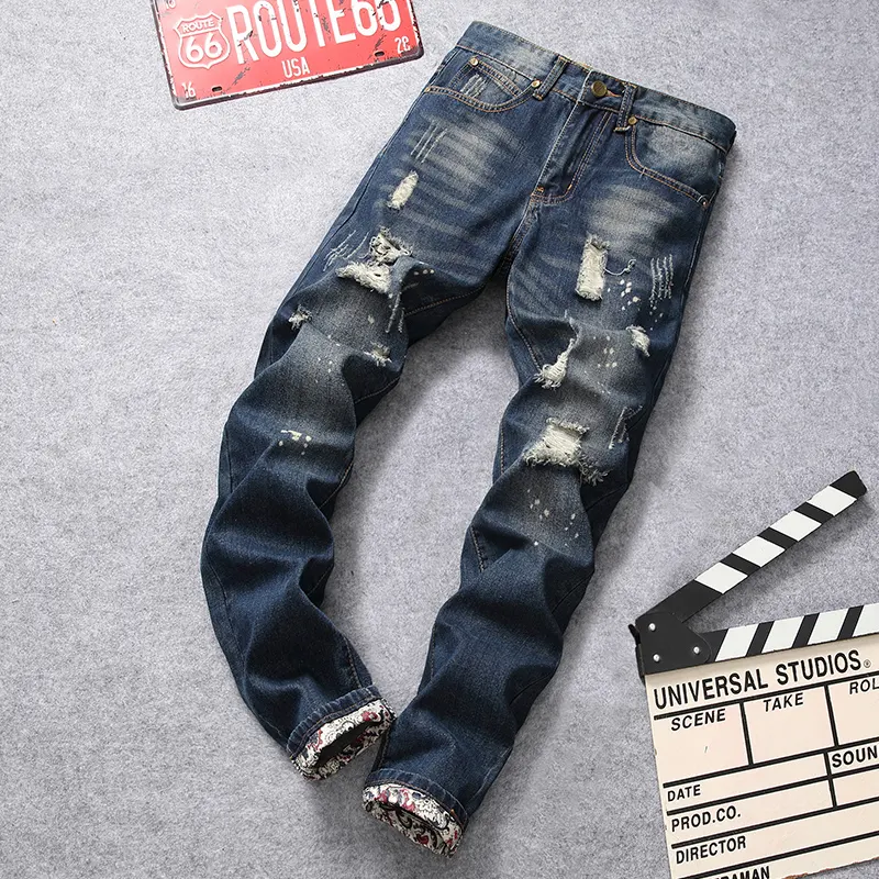 Jins pria regang slim-fit kustom grosir Jeans pabrik kualitas tinggi jins robek Fashion pria biru