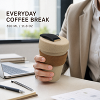 Tasse à café de style japonais JUNVOY 350 ml enveloppée de liège ; Mug en paille de blé biodégradable avec couvercle réutilisable anti-fuite, multi-usages, 126 g