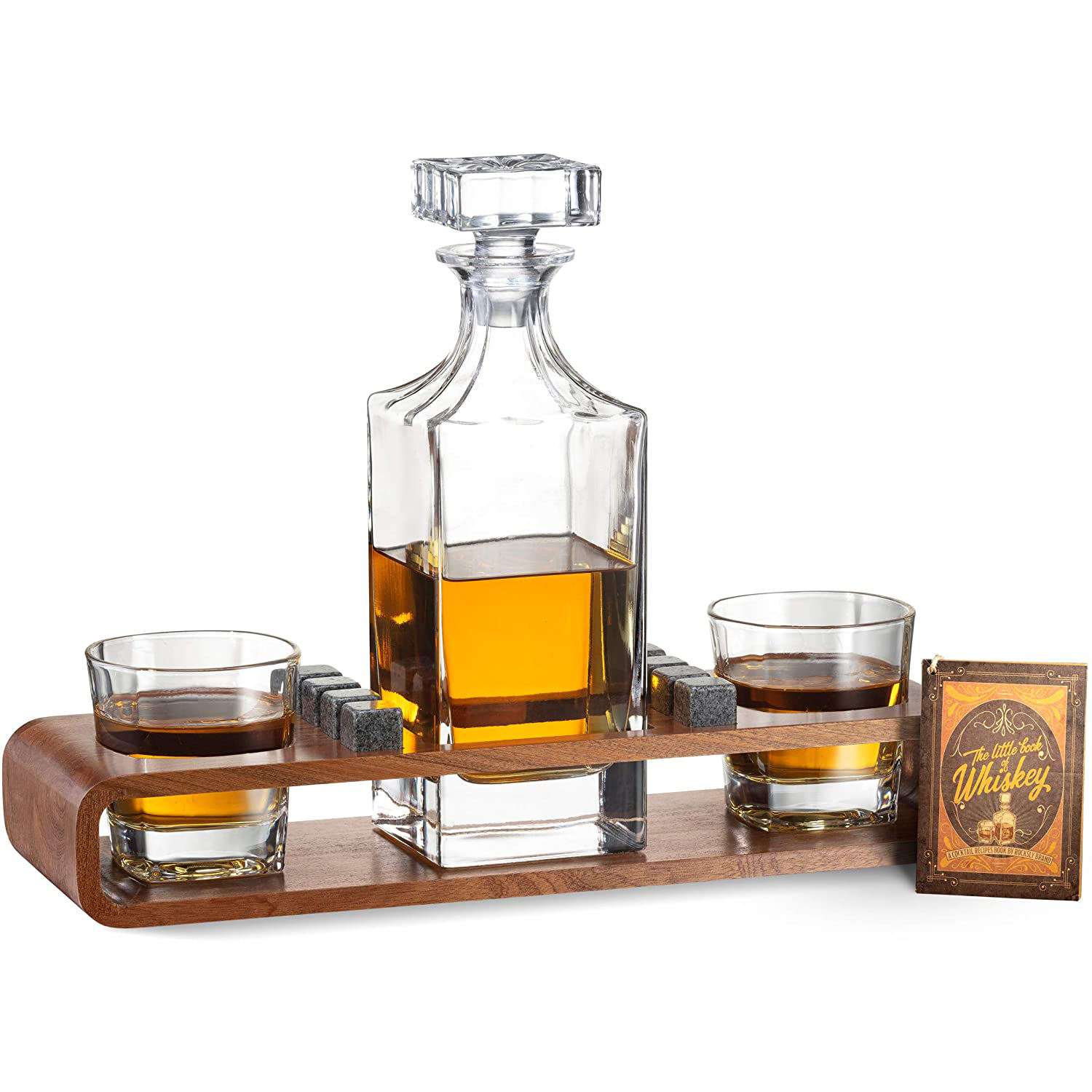 Whiskey Decanter Set With Wood Stand Whisky Glasses Chilling Stones Accessories