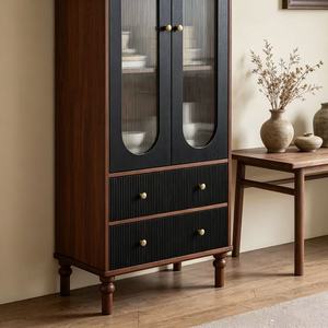 Mid Century Modern Wood Living Room Cabinet With Glass Doors And 2 <b>Drawers</b> <b>Storage</b> Unit <b>For</b> Home Furniture - Product Image 3