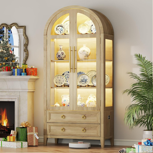 Vitrina Moderna de <span class=keywords><strong>Madera</strong></span> Arqueada de 71 Pulgadas con Puertas de Vidrio, 2 Estantes y 2 Cajones para Sala de Estar y Uso en Hoteles - Product Image 1