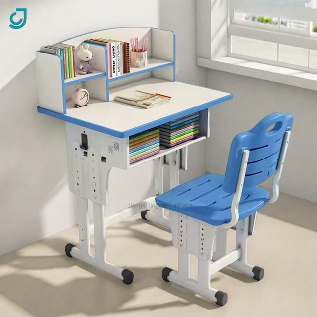 Wood Height Adjustable Children Reading Table with Bookshelf Home Furniture Wooden Ergonomic Study Desk and Chair Set for Kids