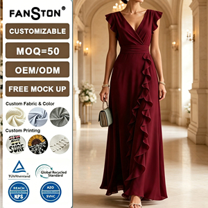 Vestido Maxi Elegante de Gasa para <span class=keywords><strong>Mujer</strong></span> 2026 - Vestido Formal Sofisticado con Cuello en V Fruncido, Manga Corta, Color Liso, Venta al por Mayor - Product Image 2