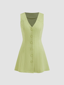Abito lungo estivo in maglia a scollo a V senza maniche, fantasia scozzese, con lacci, vestito maxi/mini da donna - Product Image 4