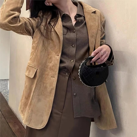 5156 New Fashion Retro Leather Jacket Real Natural Sheepskin Suede Leather Suit for Women