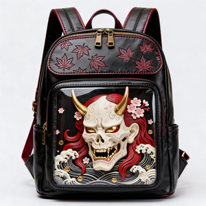 Custom Design Oni Skull Ita <b>Backpack</b> Transparent Window Badge Display PU Material <b>Waterproof</b> Closure Unisex Gothic <b>Backpack</b> - Product Image 3
