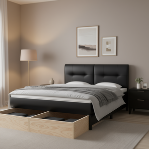 Base de Cama Doble Tapizada en Cuero Sintético Negro, Diseño Moderno y Suave - Product Image 2