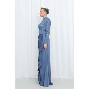 Puane Women's Indigo Satin Maxi Evening Dress with Embroidered Top Draped Waist Detail Soft Breathable for Special Occasions - Product Image 2