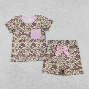 Stock Pink Pocket Top Brown Camo Print Organic Cotton Shorts Girls Summer Clothes <b>Set</b> Wholesale Children Boutique Fashion - Product Image 1
