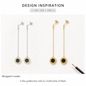 Boucles d'oreilles pendantes en chaîne de disques acryliques noirs, en acier inoxydable plaqué or 14 carats sous vide, avec bordure à chiffres romains, 81 mm, bijoux - Product Image 3