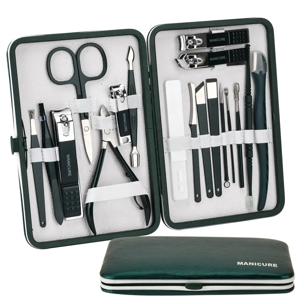 Kit de manicure verde atacado kit de cortador de unhas e pedicure 18 peças kit de cortador de unhas grande kit de pedicure personalizado logotipo