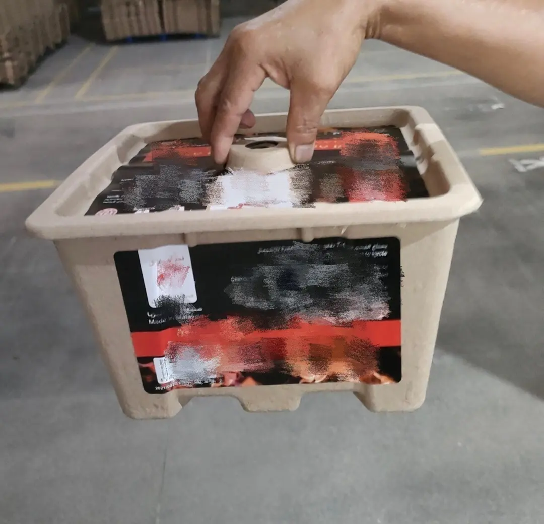 Proveedor al por mayor contenedor de carbón de pulpa moldeada caja de quema de papel caja de parrilla China desechable para carbón 3kg