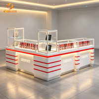 Vitrina de Exhibición de Vidrio Rojo y Blanco para Tiendas de Celulares, Mostrador de Demostración Combinado con Logotipo 3D para Kiosco de Centro Comercial