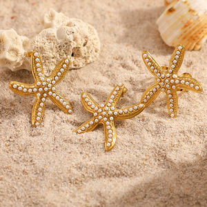 Boucles d'oreilles étoile de mer incrustées de perles, étoile à cinq branches, plaqué or 18 carats, sertissage clos, pour femme, bijoux tendance - Product Image 4