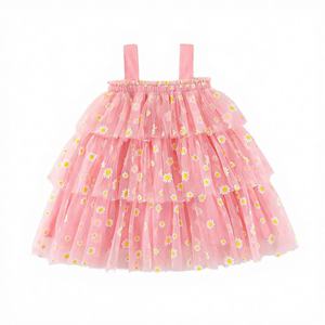 Vestido Midi de Verano para Niñas, Cuello Redondo, Casual, sin Tirantes, Estampado Floral, Encaje, Malla de Algodón, Volantes, Línea A, ODM, Gran Venta - Product Image 4