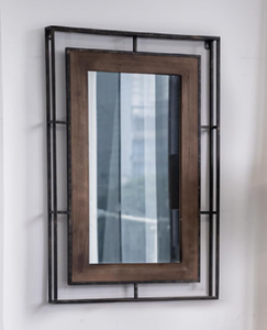 Rustic <strong>Industrial</strong> <strong>Wall</strong> <strong>Mirror</strong> with Wooden Inner Frame and Black Metal Grid Outer Frame for Farmhouse and Loft Decoration - Product Image 5
