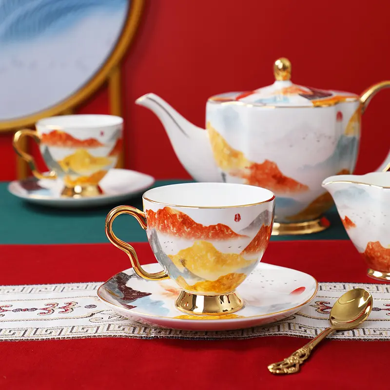 Bone china-Juego de café y té de la tarde, luz de lujo, chapado en oro, exquisito, británico, para sala de estar